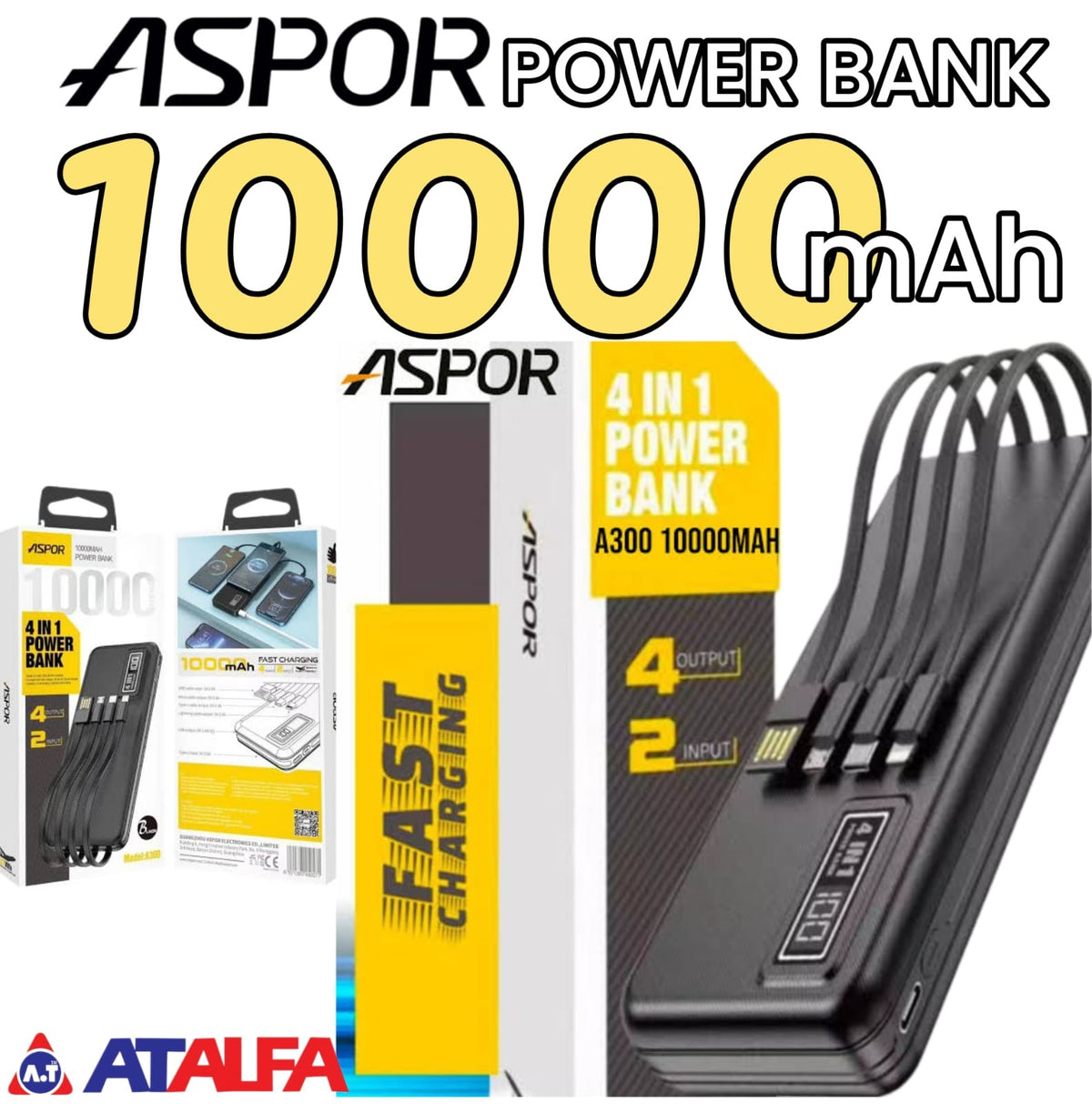 ASPOR A300 10000mAh 4-in-1 Power Bank – Li-Polymer Battery | Fast & Portable Charging
