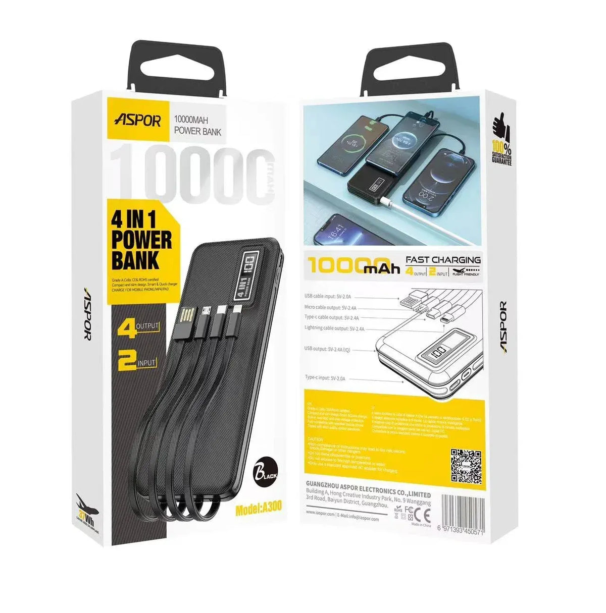 ASPOR A300 10000mAh 4-in-1 Power Bank – Li-Polymer Battery | Fast & Portable Charging